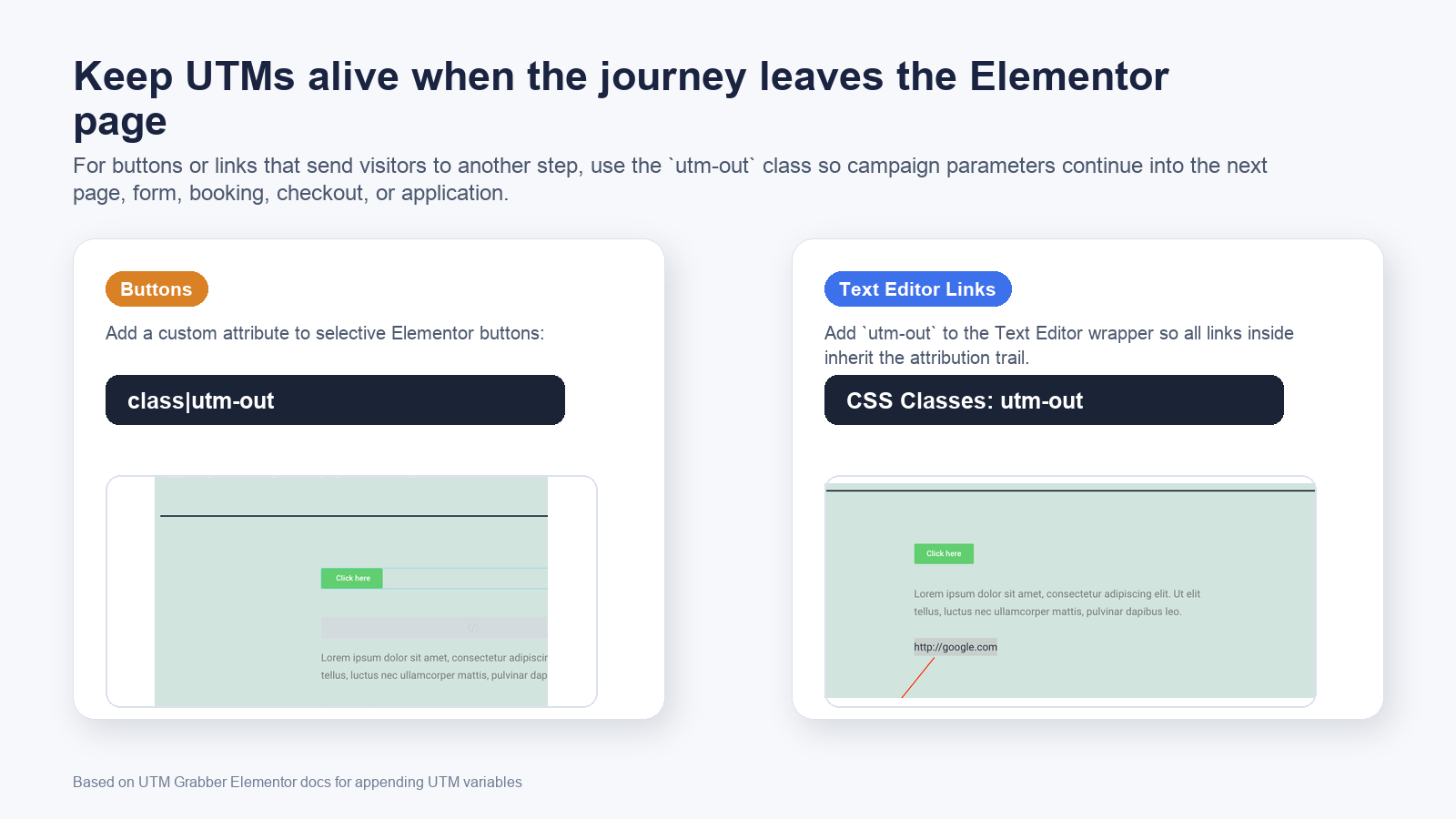 Elementor button and text editor examples using utm-out to preserve UTM parameters across links