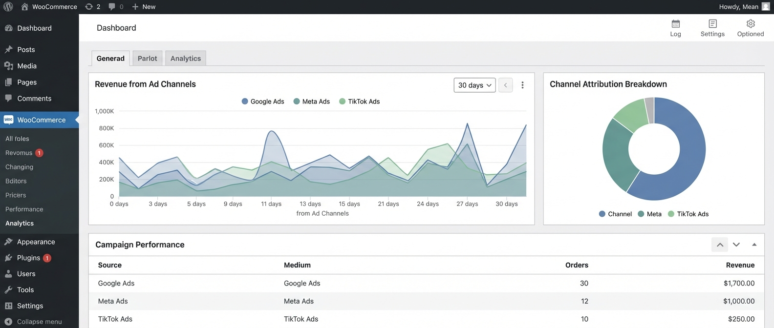 WooCommerce store dashboard showing ad attribution