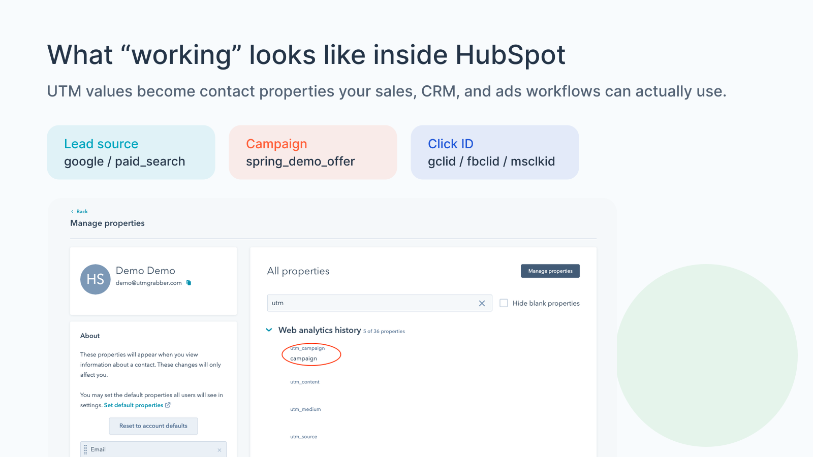 HubSpot contact properties showing captured UTM campaign values after form submission