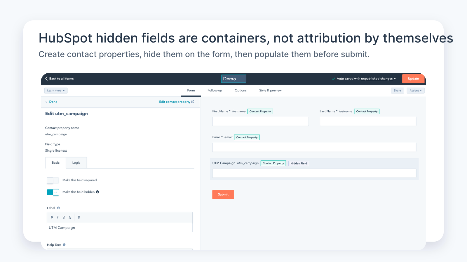 HubSpot hidden field contact property setup for UTM campaign tracking
