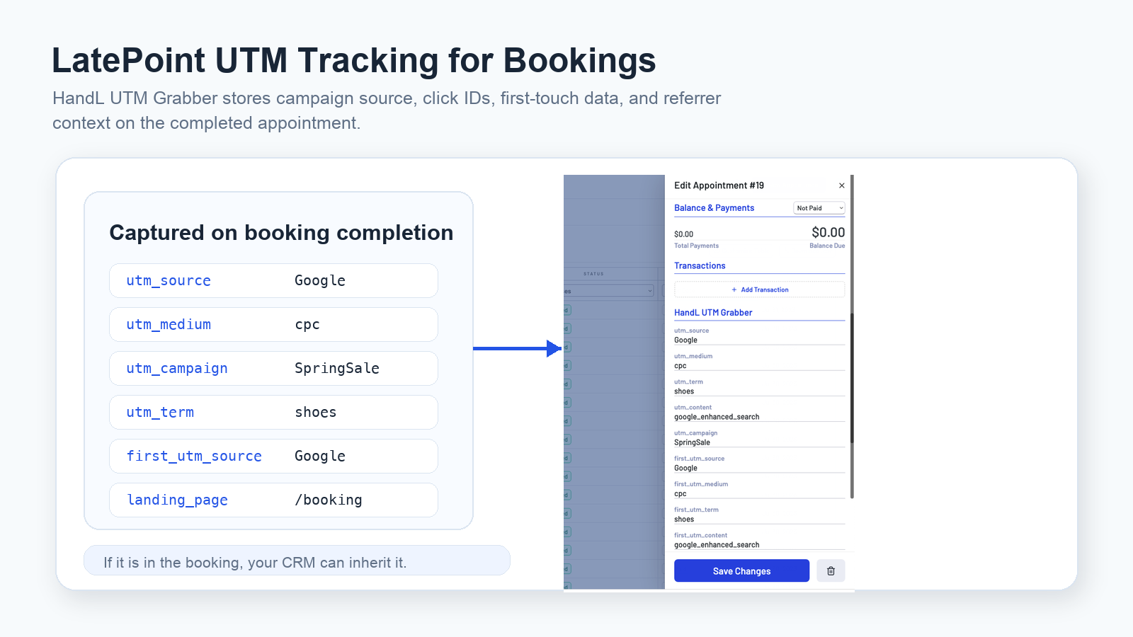 LatePoint booking record with UTM source, medium, campaign, first touch data, and HandL UTM Grabber attribution fields