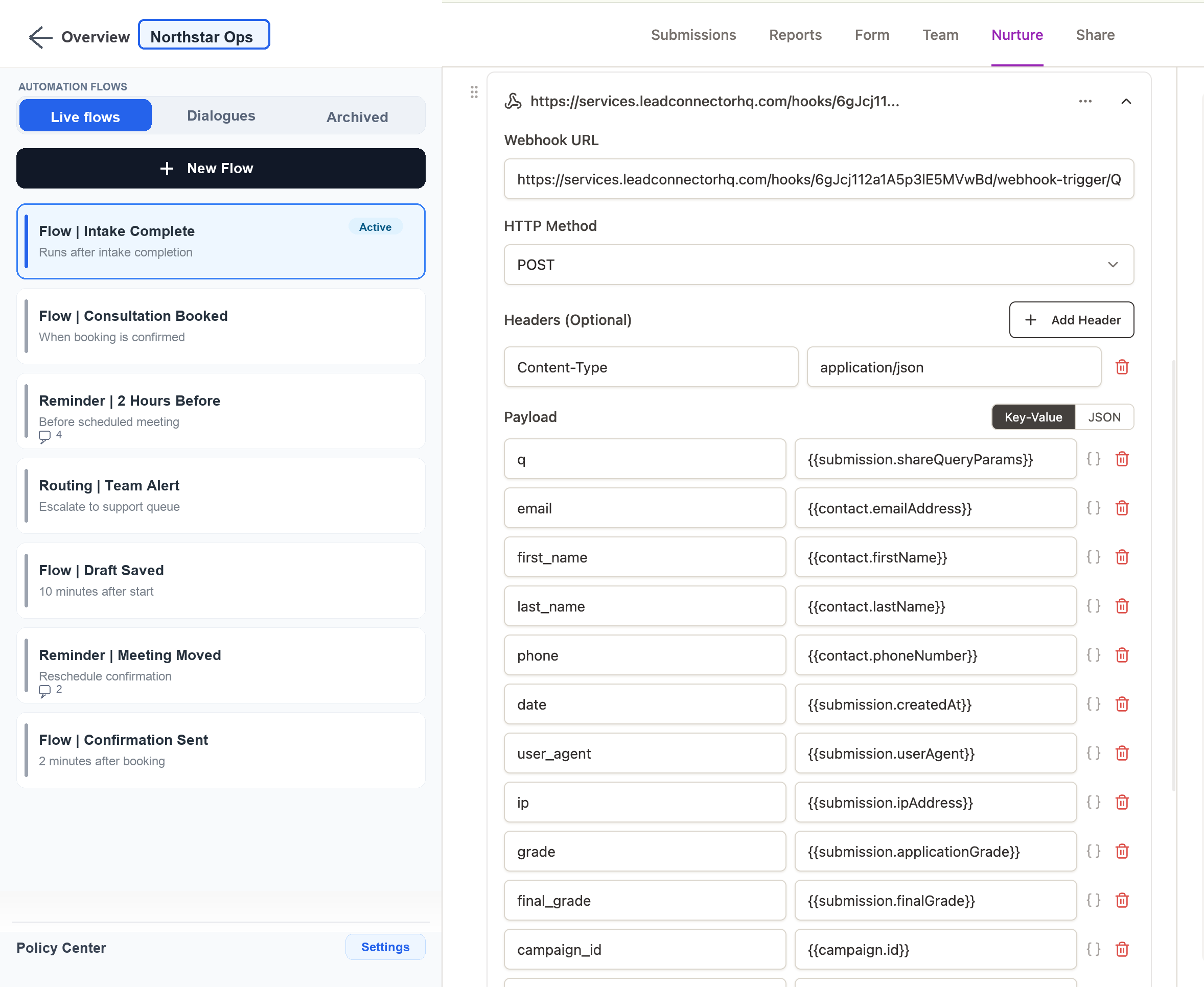 Saleskick automation webhook setup showing how captured URL parameters can be sent downstream with shareQueryParams