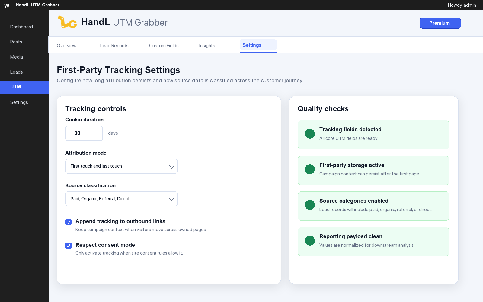 HandL UTM Grabber first-party tracking settings in WordPress with consent mode and attribution quality checks