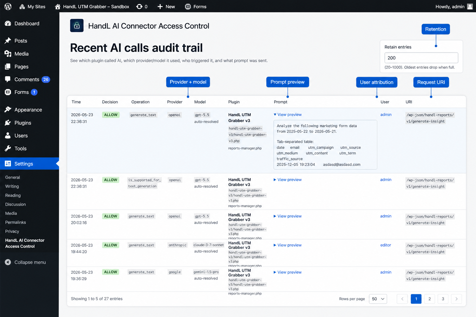 WordPress AI call audit log showing provider, model, plugin, prompt preview, user, and request URI