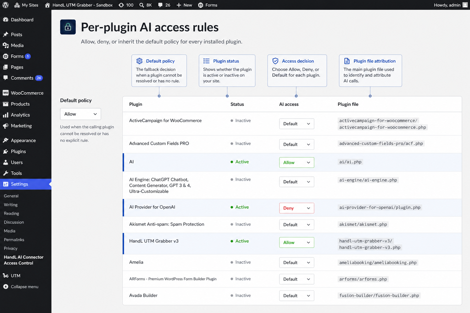 WordPress per-plugin AI access rules showing allow, deny, and default policy controls