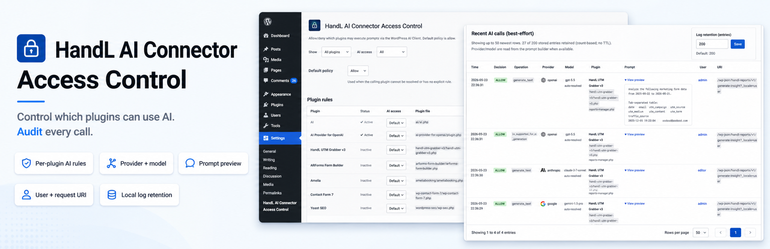 HandL AI Connector Access Control dashboard for WordPress AI token usage, plugin access rules, and call auditing