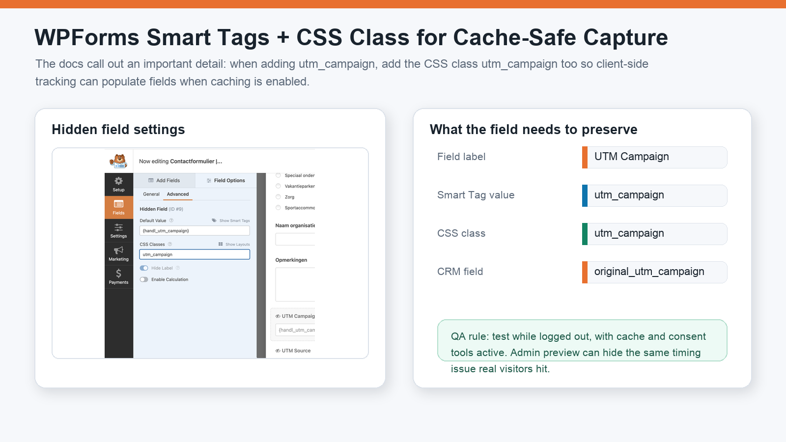 WPForms hidden field with HandL Smart Tag and matching CSS class for cache-safe UTM tracking